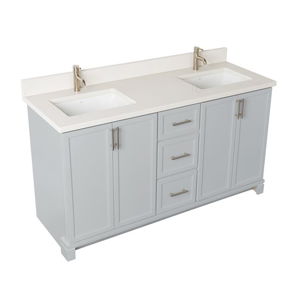 Meuble-lavabo gris havre de 60 po double avec comptoir en quartz nacré par Tenor