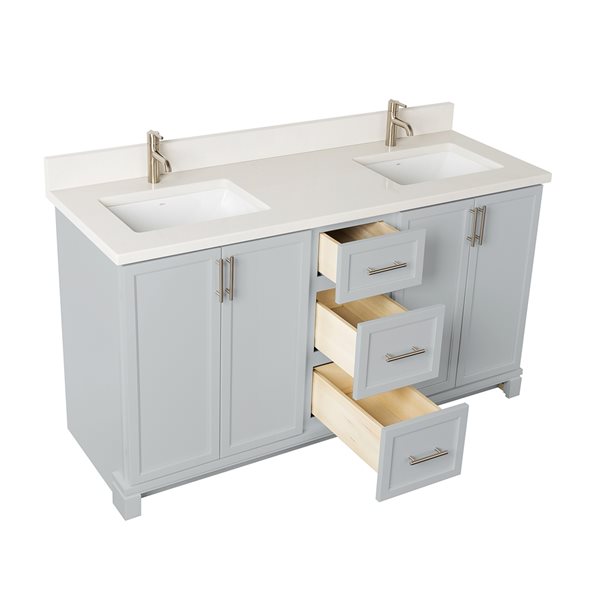 Meuble-lavabo gris havre de 60 po double avec comptoir en quartz nacré par Tenor