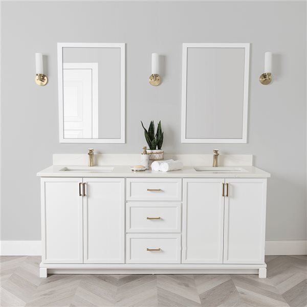 Meuble-lavabo blanc de 72 po double avec comptoir en quartz de Carrare par Tenor