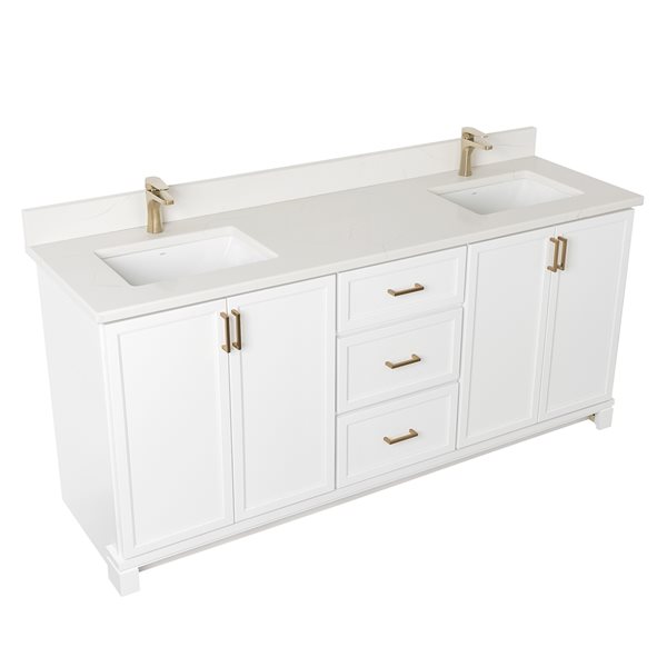 Meuble-lavabo blanc de 72 po double avec comptoir en quartz de Carrare par Tenor