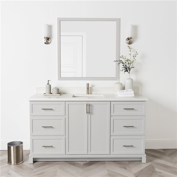 Meuble-lavabo gris pâle de 60 po simple, dessus en quartz de Carrare par Tenor