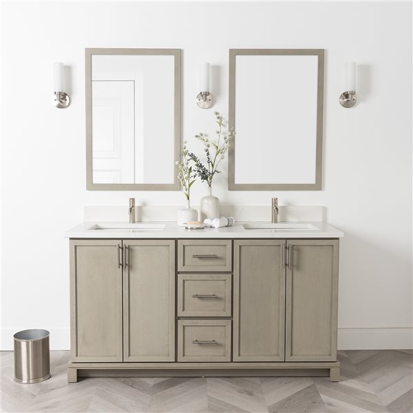 Meuble-lavabo Aspen double brun tan avec comptoir en quartz de Carrare par Tenor 60 po