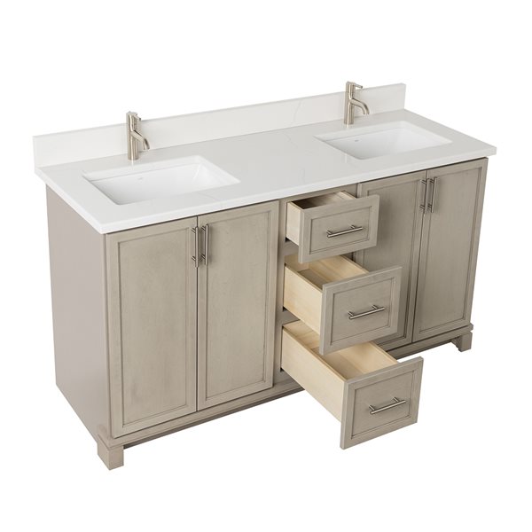 Meuble-lavabo Aspen double brun tan avec comptoir en quartz de Carrare par Tenor 60 po