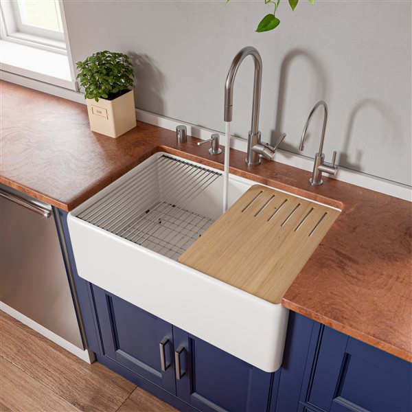 ALFI brand White Smooth Workstation 30-in x 20-in Step Rim Fireclay Farm Sink with Accessories