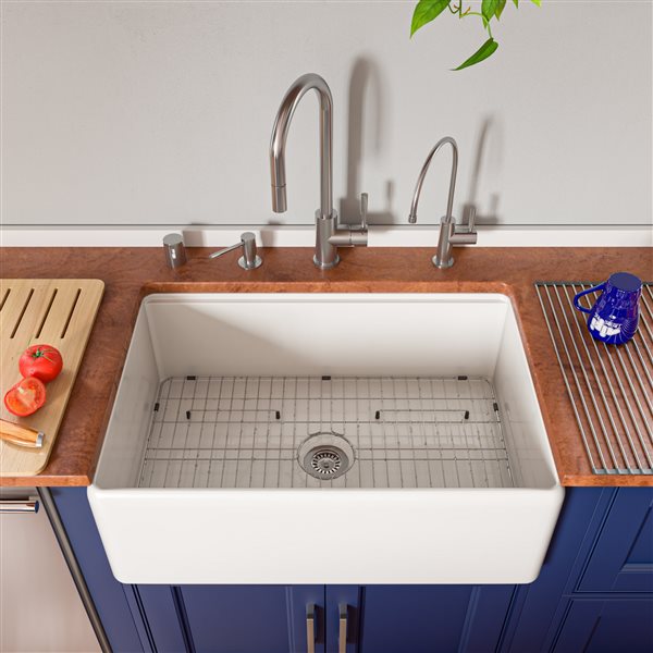 ALFI brand White Smooth Workstation 30-in x 20-in Step Rim Fireclay Farm Sink with Accessories