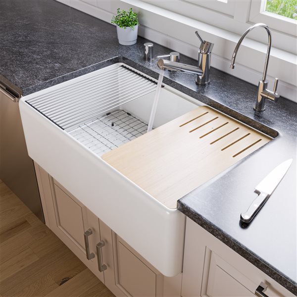 ALFI brand White Workstation 33-in x 20-in Step Rim Fireclay Farm Sink with Accessories