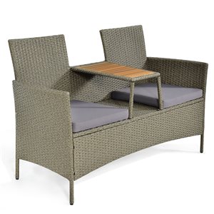 Costway 2-Person Rattan Loveseat with Grey Cushions and Coffee Table - 1-Piece