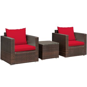 Costway Rattan Patio Conversation Set with Red Cushions and Coffee Table - 3-Piece