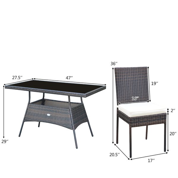 Costway Brown Rattan Patio Dining Set with White Cushions - 5-Piece