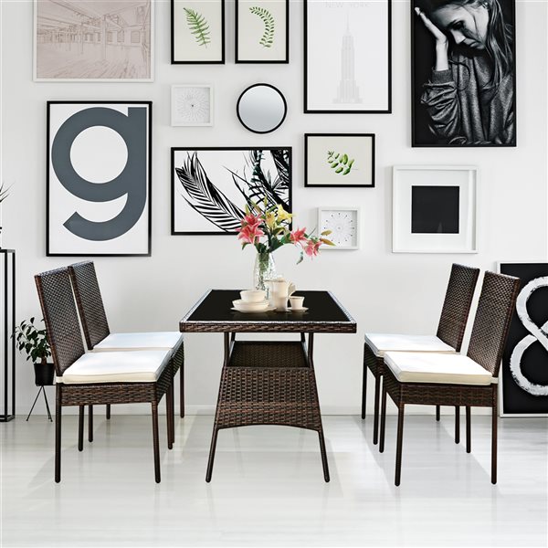 Costway Brown Rattan Patio Dining Set with White Cushions - 5-Piece