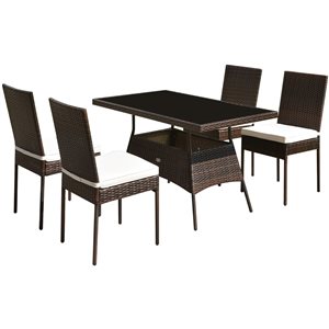Costway Brown Rattan Patio Dining Set with White Cushions - 5-Piece