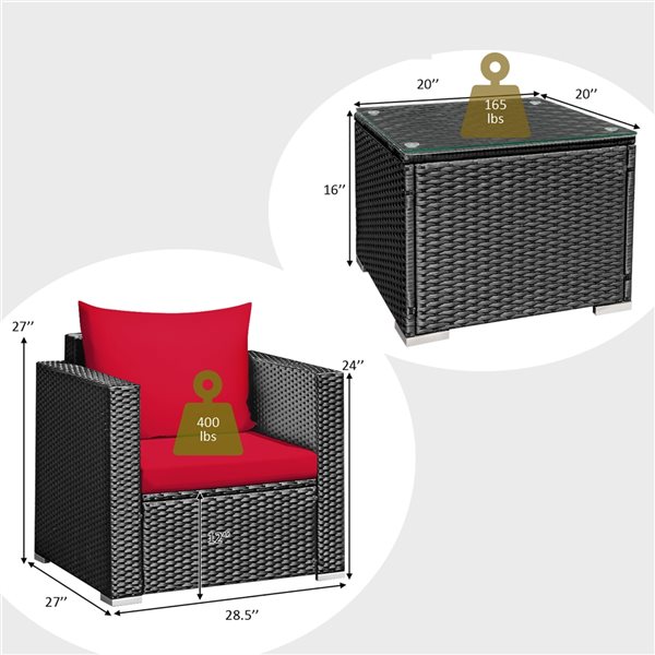 Costway Rattan Wicker Patio Conversation Set with Red Cushions and Coffee Table - 3-Piece