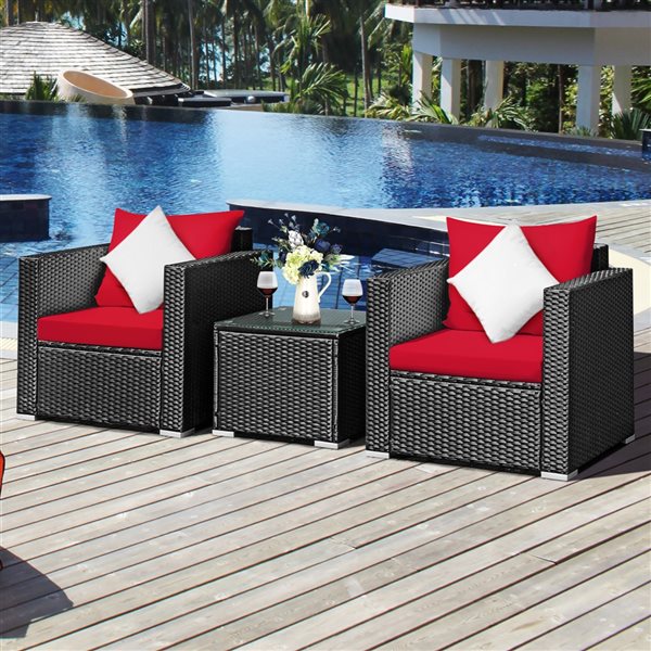Costway Rattan Wicker Patio Conversation Set with Red Cushions and Coffee Table - 3-Piece