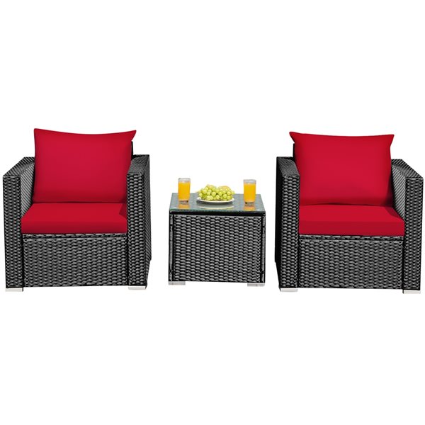Costway Rattan Wicker Patio Conversation Set with Red Cushions and Coffee Table - 3-Piece