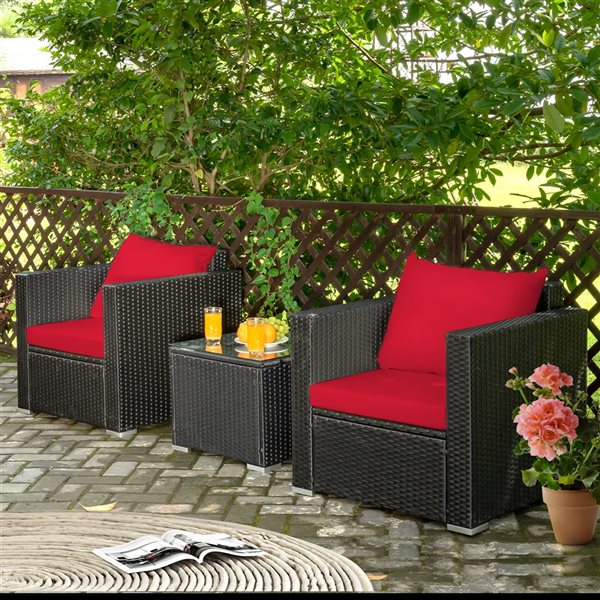 Costway Rattan Wicker Patio Conversation Set with Red Cushions and Coffee Table - 3-Piece