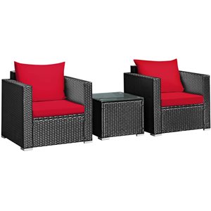 Costway Rattan Wicker Patio Conversation Set with Red Cushions and Coffee Table - 3-Piece