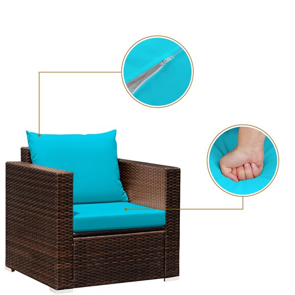 Costway Rattan Patio Conversation Set with Turquoise Cushions and Coffee Table - 3-Piece