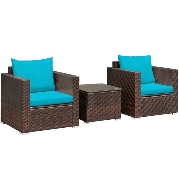 Costway Rattan Patio Conversation Set with Turquoise Cushions and Coffee Table - 3-Piece