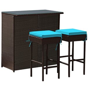 Costway Brown Rattan Bar Table with Stools and Turquoise Cushions - 3-Piece