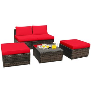 Costway Rattan Wicker Patio Conversation Set with Red Cushions and Coffee Table - 5-Piece