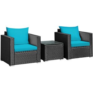 Costway Rattan Wicker Patio Conversation Set with Turquoise Cushions - 3-Piece