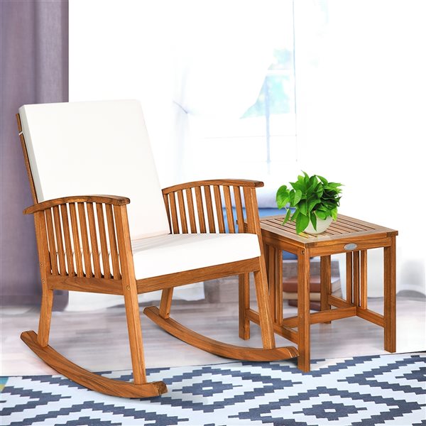 Costway Brown Wood Rocking Chair with White Cushioned Seat and Coffee Table - 2-Piece