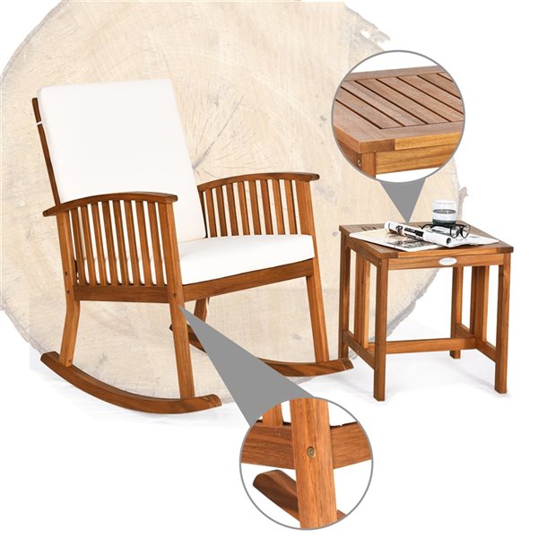 Costway Brown Wood Rocking Chair with White Cushioned Seat and Coffee Table - 2-Piece