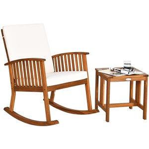 Costway Brown Wood Rocking Chair with White Cushioned Seat and Coffee Table - 2-Piece