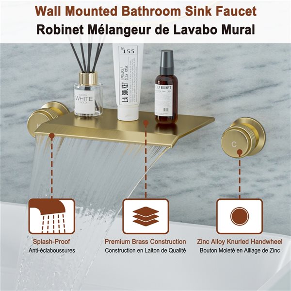 Mondawe Brushed Gold 2-Handle Wall-Mount Waterfall Bathroom Sink Faucet