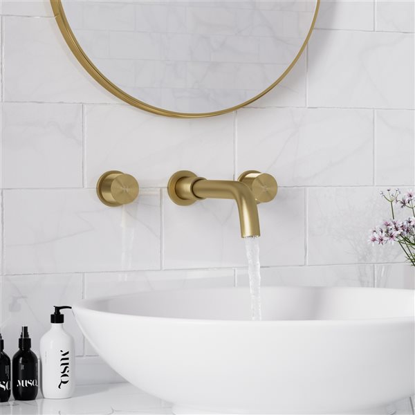 Mondawe Brushed Gold 2-Handle Wall-Mounted Bathroom Sink Faucet