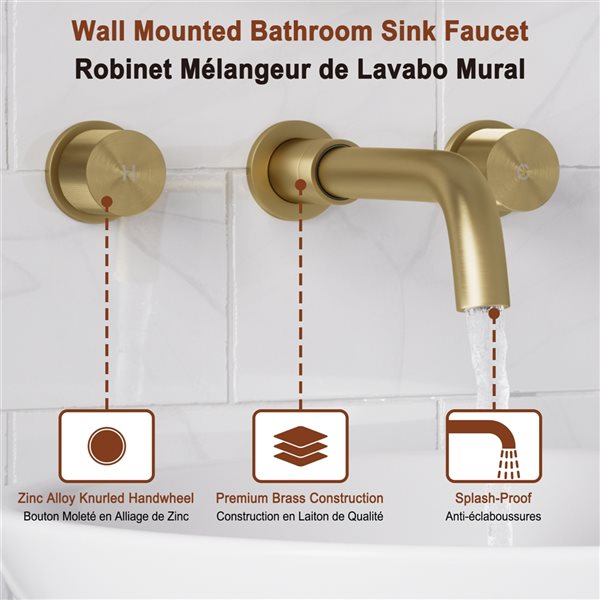 Mondawe Brushed Gold 2-Handle Wall-Mounted Bathroom Sink Faucet