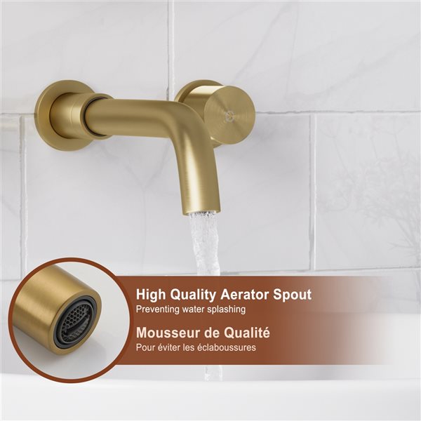 Mondawe Brushed Gold 2-Handle Wall-Mounted Bathroom Sink Faucet