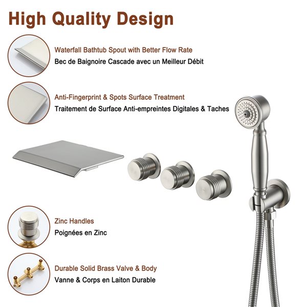 Mondawe Brushed Nickel 3-Handle Wall-Mount Bathtub Faucet with Hand Shower