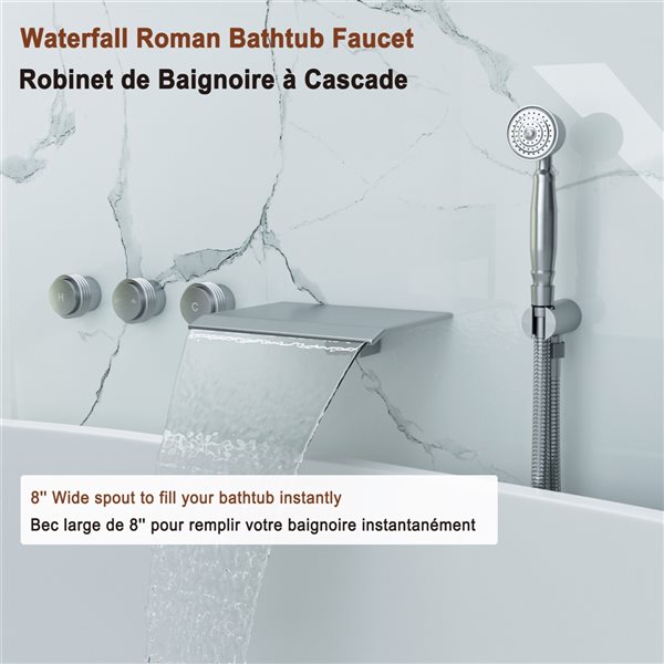 Mondawe Brushed Nickel 3-Handle Wall-Mount Bathtub Faucet with Hand Shower