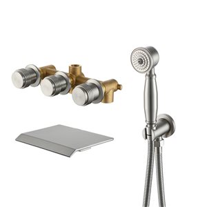 Mondawe Brushed Nickel 3-Handle Wall-Mount Bathtub Faucet with Hand Shower