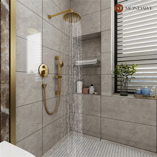 Mondawe Brushed Gold Built-in Shower Head with Hand Shower Combo