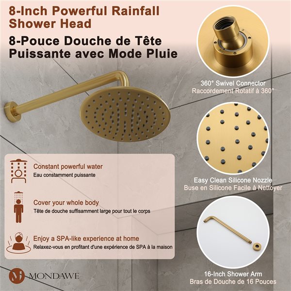 Mondawe Brushed Gold Built-in Shower Head with Hand Shower Combo