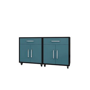 Manhattan Comfort Eiffel 56.7-in x 34.41-in x 17.72-in Mobile Garage Cabinet in Matte Black and Aqua Blue - Set of 2