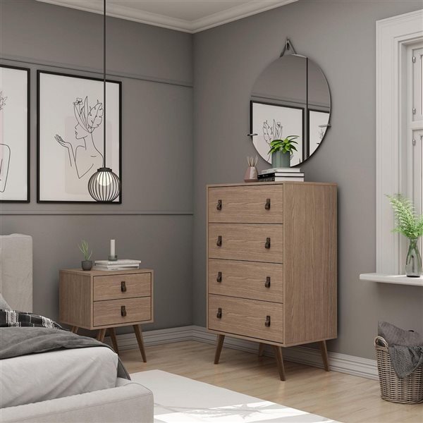 Manhattan Comfort Amber 4-Drawer Dresser and 2-Drawer Nightstand in Nature