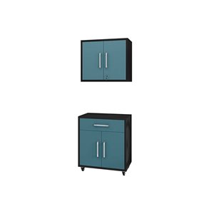 Manhattan Comfort Eiffel 28.35-in x 60-in x 17.72-in Garage Storage Set in Matte Black and Aqua Blue - 2-Piece