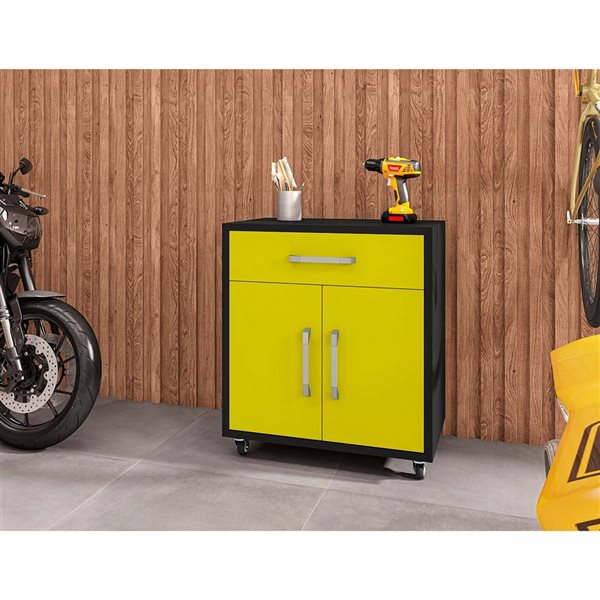 Manhattan Comfort Eiffel 28.35-in x 34.41-in x 17.72-in Mobile Garage Storage Cabinet in Yellow Gloss