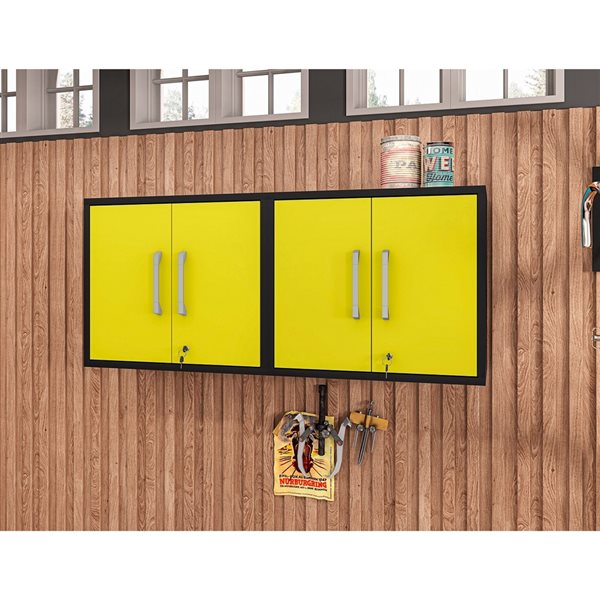 Armoire de garage flottante noir mat et jaune Eiffel par Manhattan Comfort de 56,7 po x 34,41 po x 17,72 po, ens. de 2