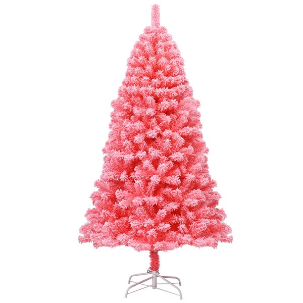 Costway 6.5-ft Full Flocked Pink Artificial Christmas Tree with Lights ...