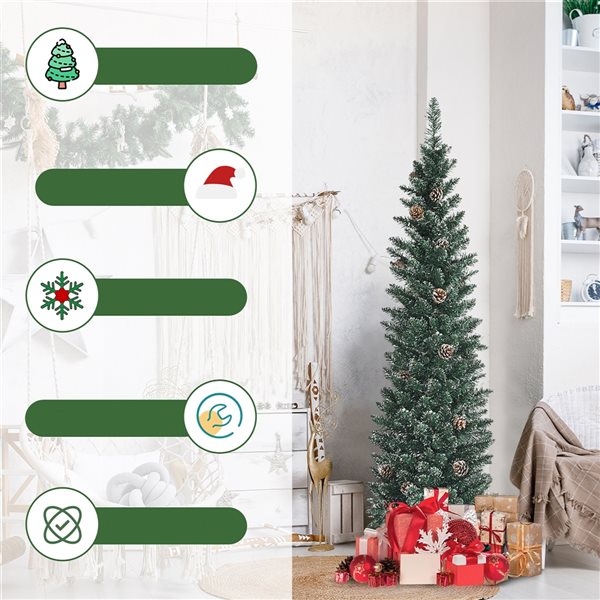 Costway 5-ft Unlit Slim Green Artificial Christmas Tree with Pine Cones