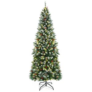 Costway 7-ft Pre-lit Slim Flocked Green Artificial Christmas Tree with 350 Warm White LED Lights