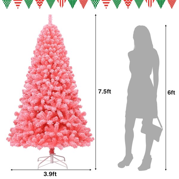 Costway 7.5-ft Full Flocked Pink Artificial Christmas Tree with Lights