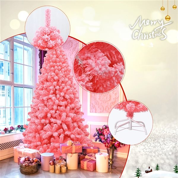 Costway 7.5-ft Full Flocked Pink Artificial Christmas Tree with Lights