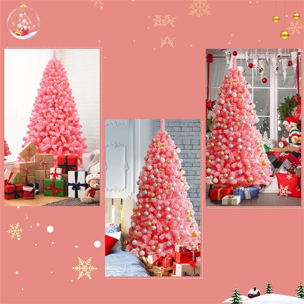 Costway 7.5-ft Full Flocked Pink Artificial Christmas Tree with Lights