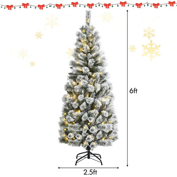 Costway 6-ft Pre-lit Full Flocked White Artificial Christmas Tree with ...