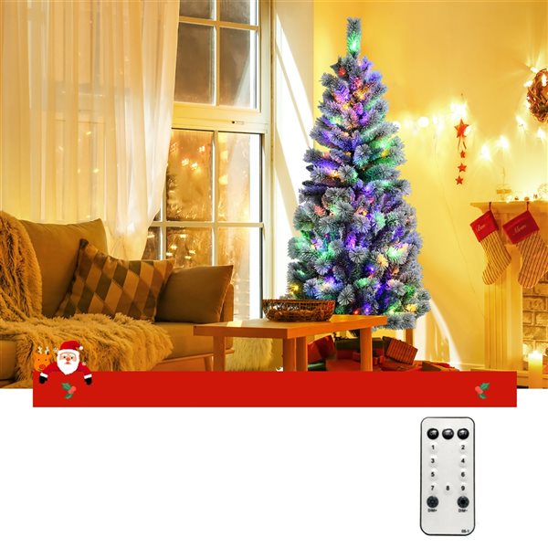 Costway 6-ft Pre-lit Full Flocked White Artificial Christmas Tree with 200 Multicolour LED Lights